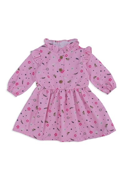 Bebelop Kız Çocuk Bebek Çiçekli Şönil Elbise Fırfırlı Omuz Detay