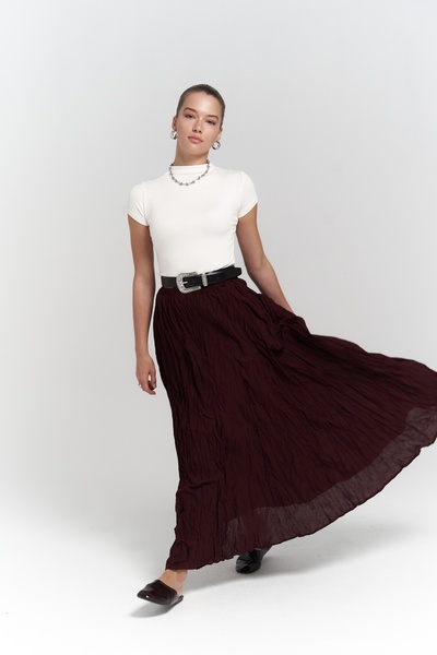 BOHEMAİ Jayla Crinkle Detail Long Burgundy Skirt