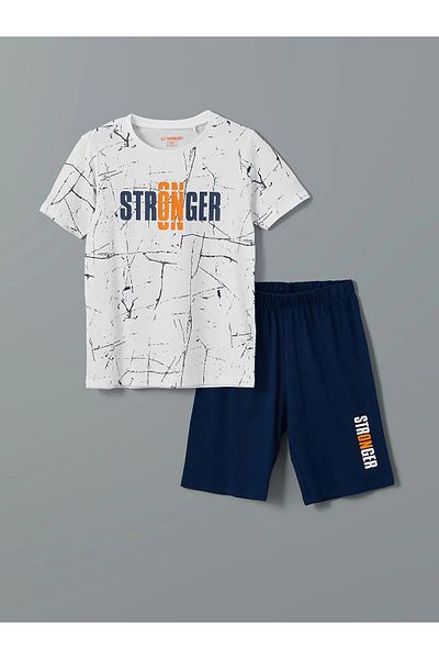 LC Waikiki Set de pijamale pentru băiat, cu pantaloni scurți, cu imprimeu alb, cu decolteu, cu potrivire standard