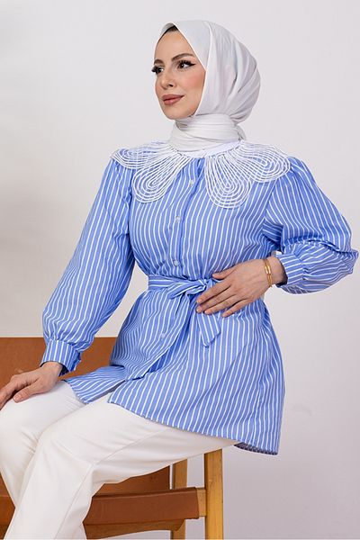 Bestenur Πουκάμισο Galvin Organza Judge Collar 1409 - Ανοιχτό μπλε
