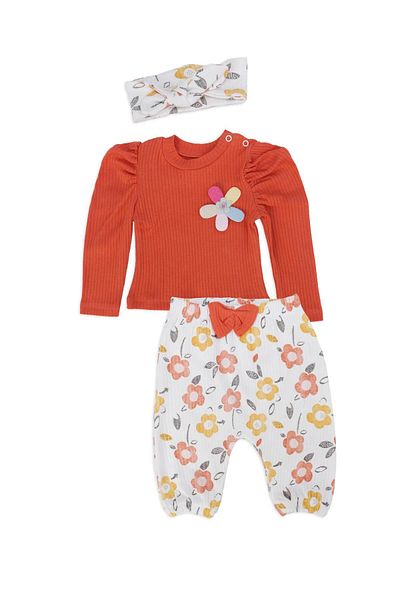 Bebelop Baby Girl Floral Printed Bow Detail Bonnet 2-Piece Top and Bottom Set