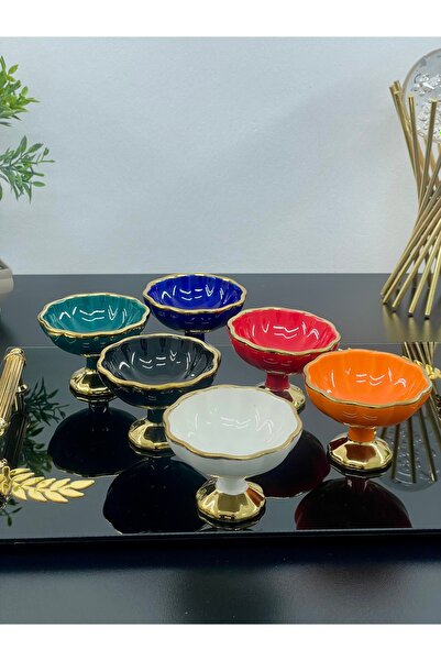 YzHome 6 Lı Renkli Porselen Gold Yaldızlı Ayaklı Mini Sunumluk Lokumluk Kase