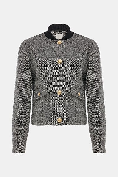 W Collection Black Stand Collar Textured Coat