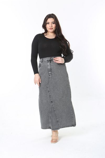 Şans Women's Large Size Smoked Cup Detailed 5 Pocket Long Denim Skirt 65N38892