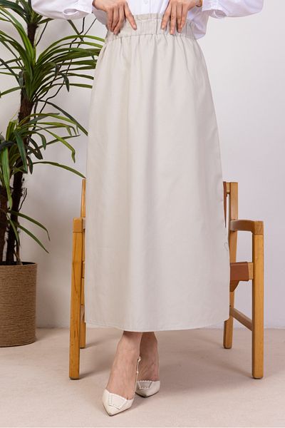 Bestenur Κρεμ χρώματος Benja Beli Elastic Gabardine Φούστα 1405