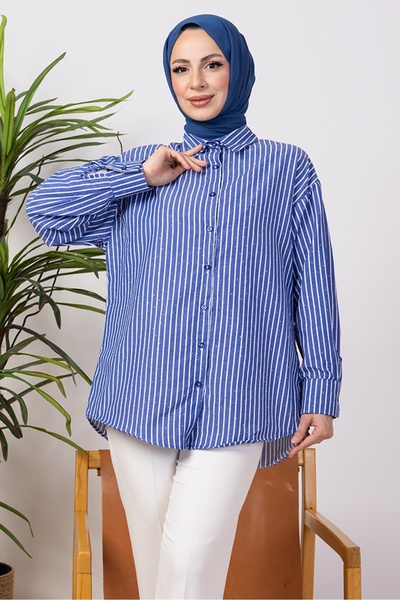 Bestenur قميص مخطط بحجر 1407 - أزرق داكن