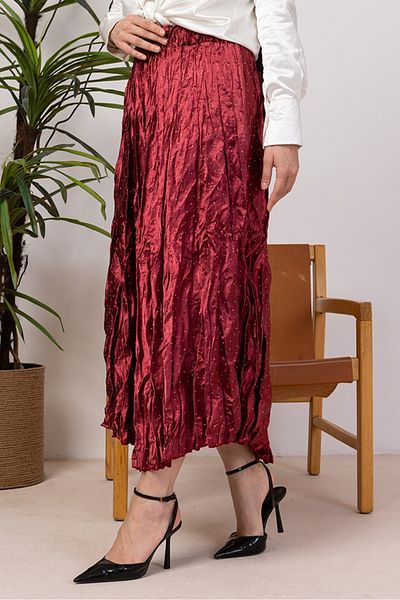 Bestenur Fusta cu talie elastică cu pietre 1401 - Roșu Claret
