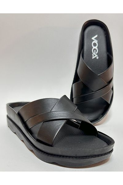 Voga Black Leather Look, Thick Cross Straps, Lightweight and Comfortable Women's Daily Home Guests and Street Slippers