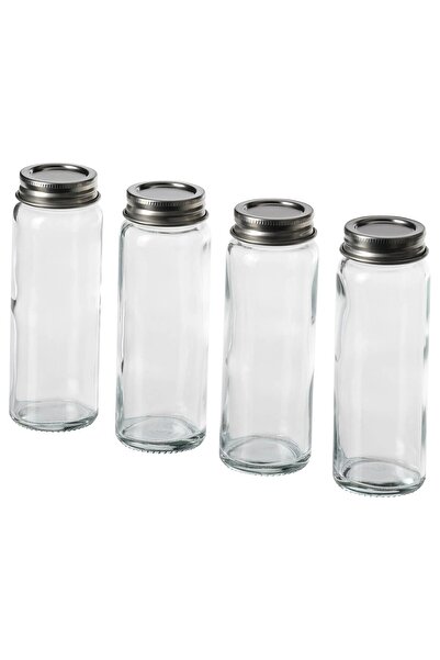 IKEA 4'lü Set Cam Baharatlık Yükseklik 12 Cm İkea 4 Adet Kapaklı Baharat Kavanozu Şeffaf Hacim 100 ml