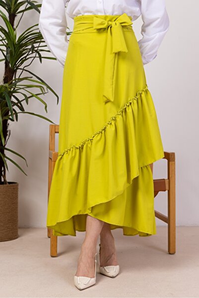 Bestenur Ruffle Detailed Belted Skirt 1403 - Oil Green