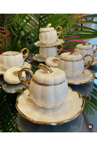 YzHome طقم فناجين قهوة على شكل قرع مطلي بالذهب من البورسلين مكون من 6 أشخاص م...