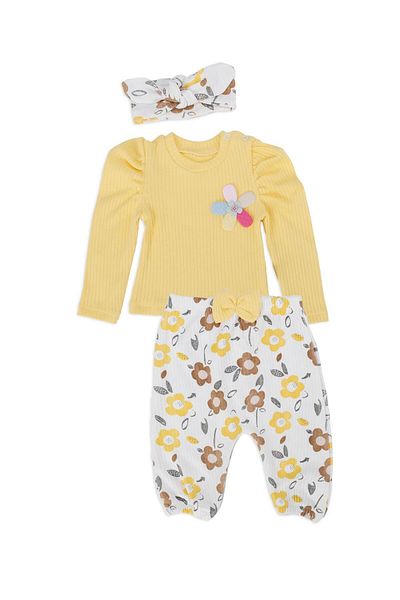 Bebelop Baby Girl Floral Printed Bow Detail Bonnet 2-Piece Top and Bottom Set