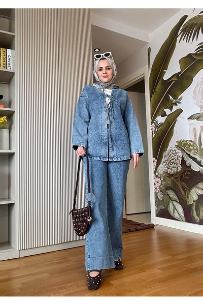 Aselim Hijap Moda Light Blue Ribbon Drawstring Denim Jacket Set