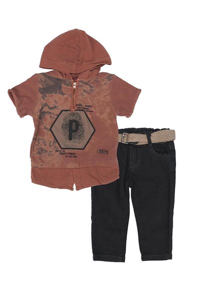 Bebelop Boy's P Embroidered Hooded Short Sleeve Shirt Denim Shorts Set of 2