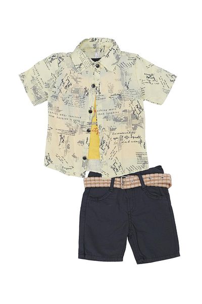 Bebelop Boy's Newspaper Text Printed Shirt T-Shirt Denim Shorts 3-Piece Set