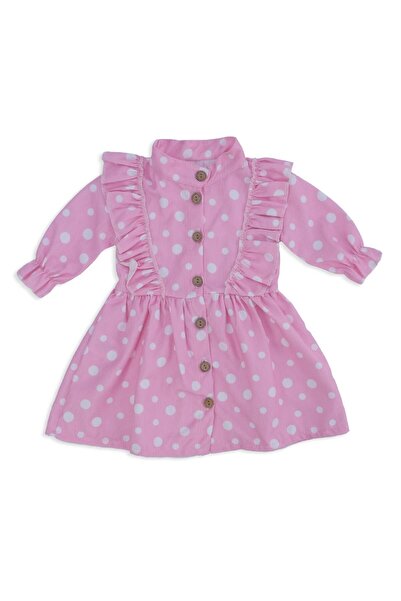 Bebelop Kız Çocuk Bebek Puanlı Şönil Elbise Fırfırlı Omuz Detay