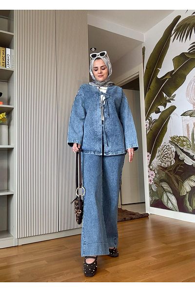 Aselim Hijap Moda Light Blue Ribbon Drawstring Denim Jacket Set