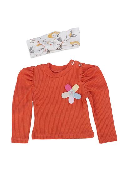 Bebelop Baby Girl Floral Printed Bow Detail Bonnet 2-Piece Top and Bottom Set