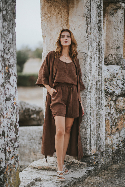 Cosibello Home Layla Women's Muslin Suspender Blouse Kimono and Shorts Set