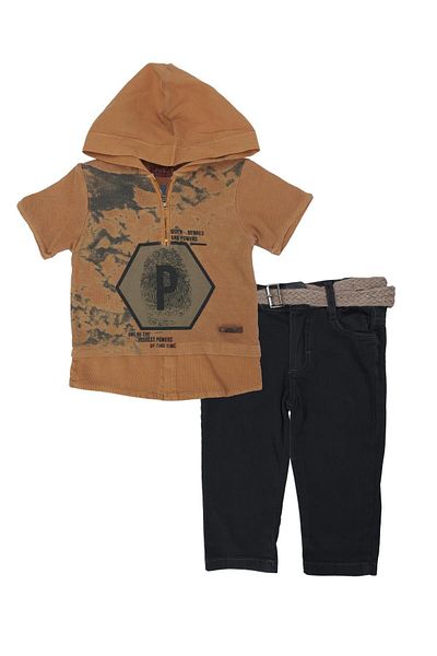 Bebelop Boy's P Embroidered Hooded Short Sleeve Shirt Denim Shorts Set of 2