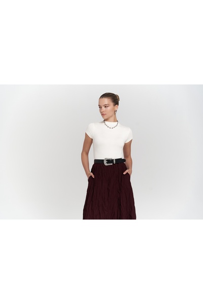 BOHEMAİ Jayla Crinkle Detail Long Burgundy Skirt