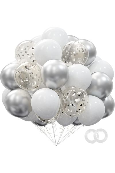 BALON DİYARI Silver & White& Transparent Confetti 25Pcs Balloon Chain Set – Glamorous and Stylish Party Decor