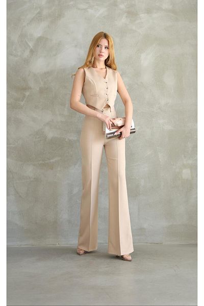 Sea Queen Women's Beige Front Ruffled Palazzo Pants Buttoned Short Crop Vest Two Piece Set