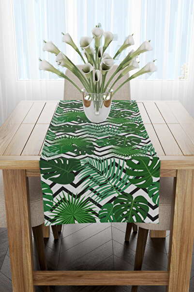 EsnafAli Verde Negru Tropical Zigzag Frunze Model Runner 40x140cm