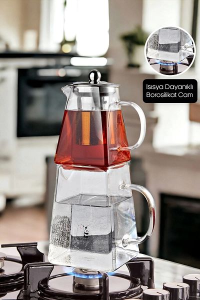 Tilbe Home 1450ml Square Design Borasilicate Glass Teapot Set - Steel Filter Heat Resistant Teapot