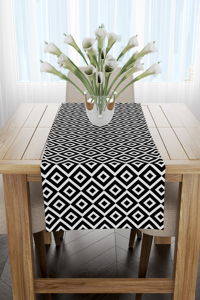 EsnafAli Runner cu pătrate geometrice alb-negru 40x140cm