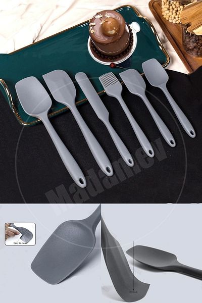 Tilbe Home 6-Piece Silicone Serving Set Fireproof Non-Stick Spoon Knife Spatula Brush Gray Colored Kitchen Spoon Set