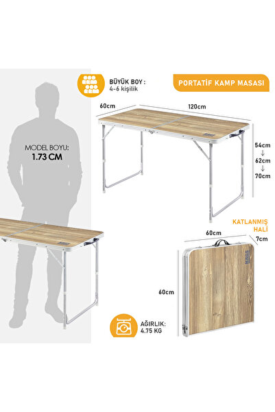 HAEGS Portatif Kamp Masası, 3 Yükseklik Ayarlı, Katlanır Alüminyum Piknik Masası 120x60 Naturel Meşe