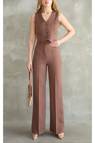 Sea Queen Women's Light Brown Front Ruffled Palazzo Pants Buttoned Short Crop Vest Two Piece Set