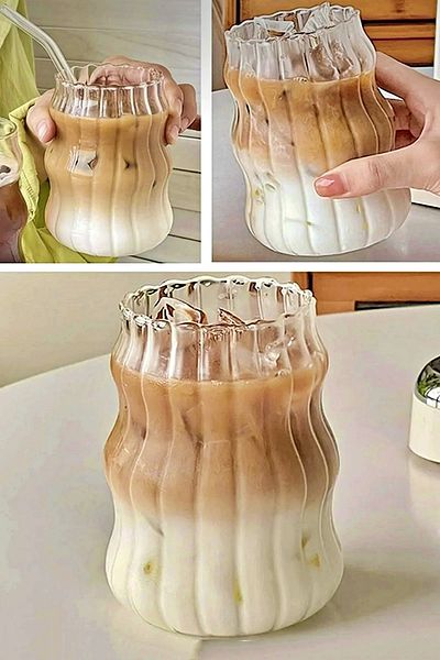 Tilbe Home Set of 2 Gourd Latte Glasses with Straws Nordic Style Glass Cups Coffee Cocktail Presentation Glass 500ml