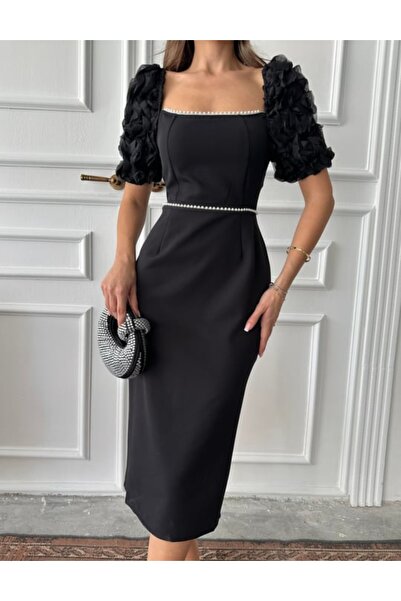 MAMMY İNCİ DETAYLI MİDİ ELBİSE