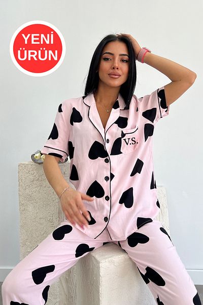 FENZO Costum de pijama cu mânecă scurtă roz-negru pentru femei, din bumbac, cu nasturi, cu imprimeu inimă, confortabil