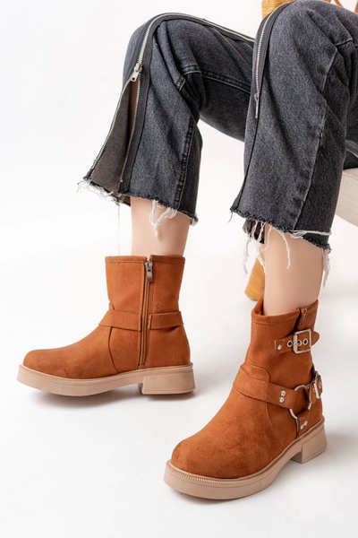 DEAG 02-2013 Tan Suede Buckle Accessory Zippered Daily Women's Boots
