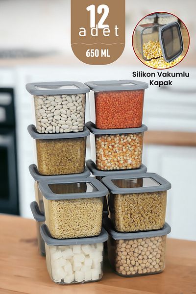 İronika Silicone Lid Food Grocery Storage Container Square Storage Box Set 12 Pieces 650ml