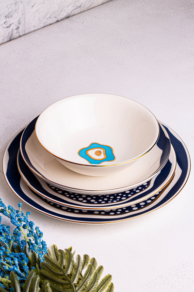 Snippy Nazar - 24 Parça 6 Kişilik Gold Detaylı Porselen Yemek Takımı Porselen Altın Yaldızlı Yemek Seti