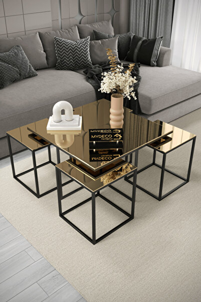 home plus mobilya Taipei 5'li Siyah İskelet Bronz Aynalı Orta Sehpa & Zigon S...