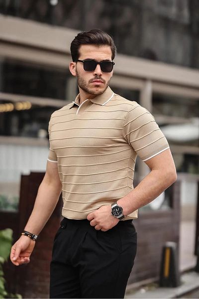 pepule Embossed Collar Detailed Knitwear Polo Collar Men's T-Shirt
