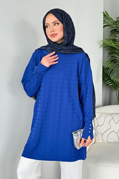 Hazamoda Kaz Ayağı Desenli Merserize Tunik Saks