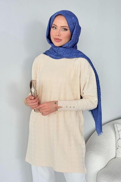 Hazamoda Kaz Ayağı Desenli Merserize Tunik Ekru