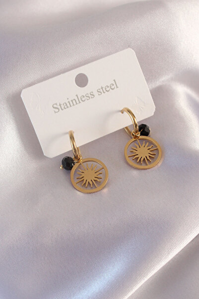Generic Brand Steel Gold Color Sun Figure Black Crystal Detail Women's Earrings