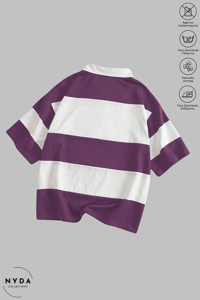 Nyda Collections Unisex Polo γιακά με μισό φερμουάρ ριγέ λευκό μπλουζάκι με κοντό μανίκι από βαμβακερό oversize