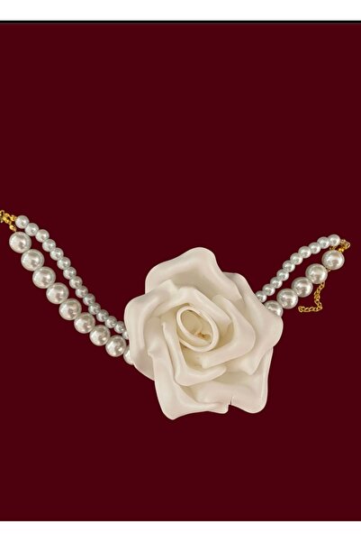 Jovela Beyaz gül çiçek inci choker tasma kolye
