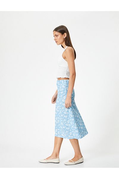 Koton New Season Floral Midi Pencil Skirt with Drape Detail High Waist Comfortable Fit Textured