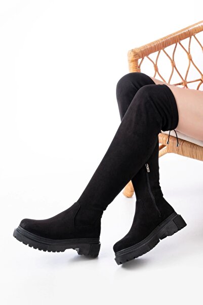 Genel Markalar 812-2194 Siyah Süet Fermuarlı Diz Üstü Bağcıklı Çorap Günlük Kadın Çizme