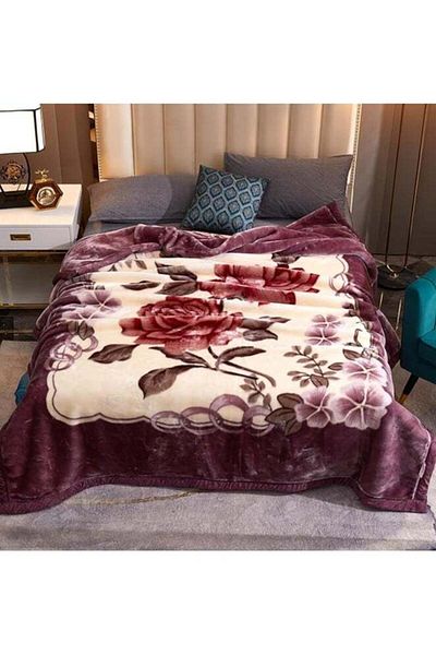 Comfy KOREAN STYLE MINK SOFT THICKENED LUXURIOUS FLORAL BLANKET PURPLE