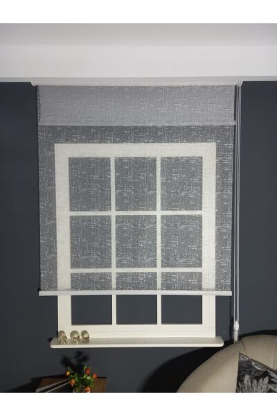 Emir Home Eskitme Desenli Gri Storlu Çift Mekanizmalı Tül Stor Perde